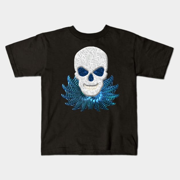 Lacy Floral Faux Blue Glitter Eyes Skull With Blue Decorative Collar Kids T-Shirt by Atteestude